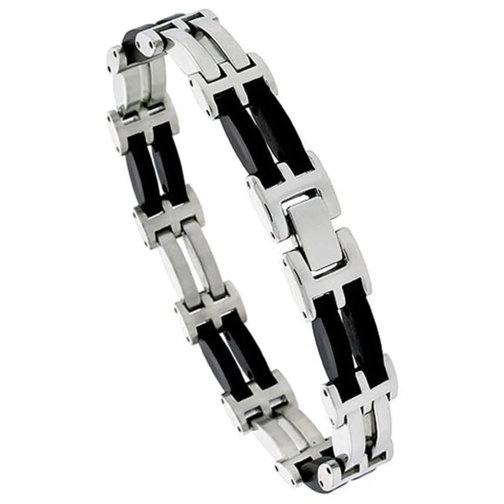 Stainless Steel Bracelet Black Rubber Accent For Men 2-row Convex Bar Links 1/2